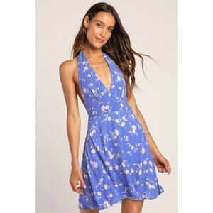 Lulus Bright Skies Blue Floral Print Halter Mini Dress - Size M